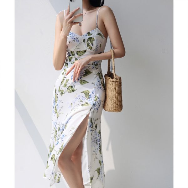 Vintage Floral Print Spaghetti Strap Dress with Side Slit - Slimming Waist-Cinching Design for Vacation Style