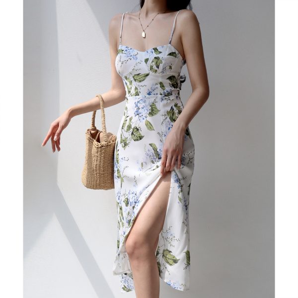Vintage Floral Print Spaghetti Strap Dress with Side Slit - Slimming Waist-Cinching Design for Vacation Style