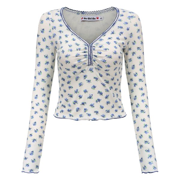 Vintage Floral Ruffled V-Neck Long Sleeve T-Shirt for Women - Slim Fit, 90s Inspired Short Top