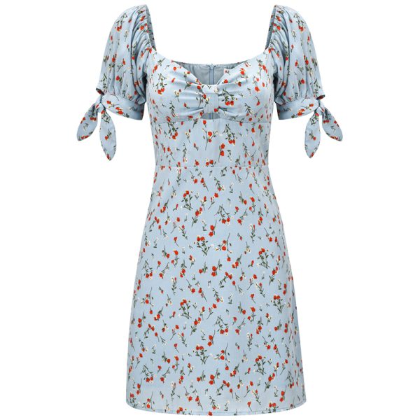Vintage Floral Short Sleeve Dress with Front Bow and Hollow Waist - Summer 90s Style for Women