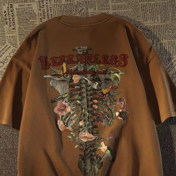 Vintage Floral Skeleton Print Short-Sleeve T-Shirt for Women - Summer Casual Distressed Loose Fit Couple's Tee