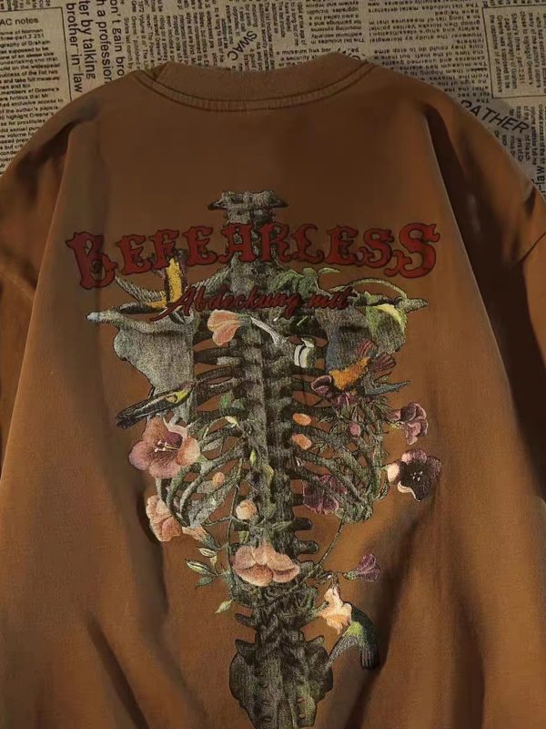Vintage Floral Skeleton Print Short-Sleeve T-Shirt for Women - Summer Casual Distressed Loose Fit Couple's Tee