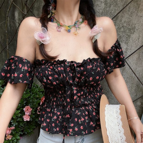 Vintage Floral Square Neck Flutter Sleeve Drawstring Blouse - Slimming Vacation Top in French Style