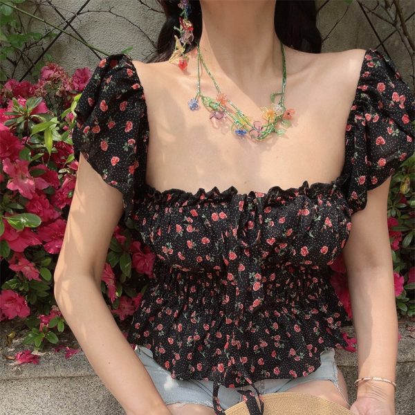 Vintage Floral Square Neck Flutter Sleeve Drawstring Blouse - Slimming Vacation Top in French Style