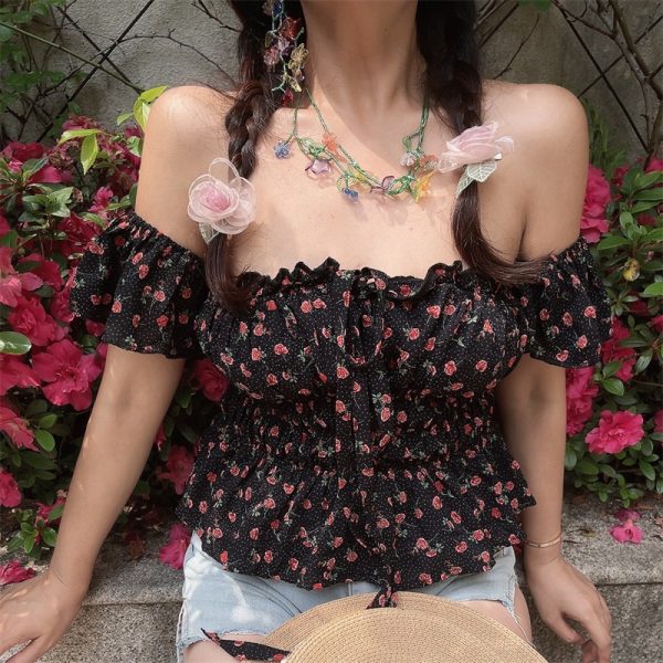 Vintage Floral Square Neck Flutter Sleeve Drawstring Blouse - Slimming Vacation Top in French Style