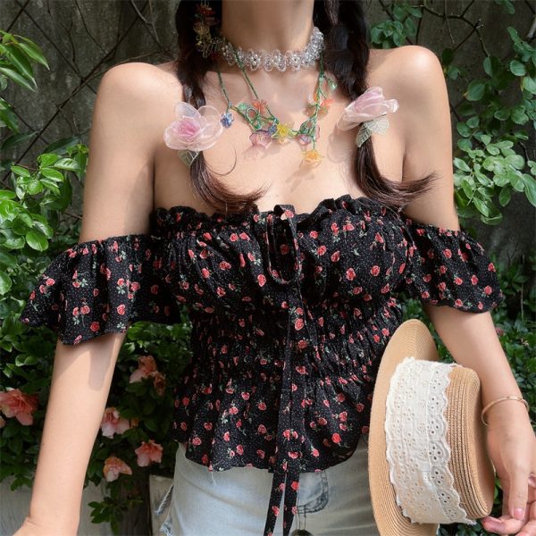 Vintage Floral Square Neck Flutter Sleeve Drawstring Blouse - Slimming Vacation Top in French Style