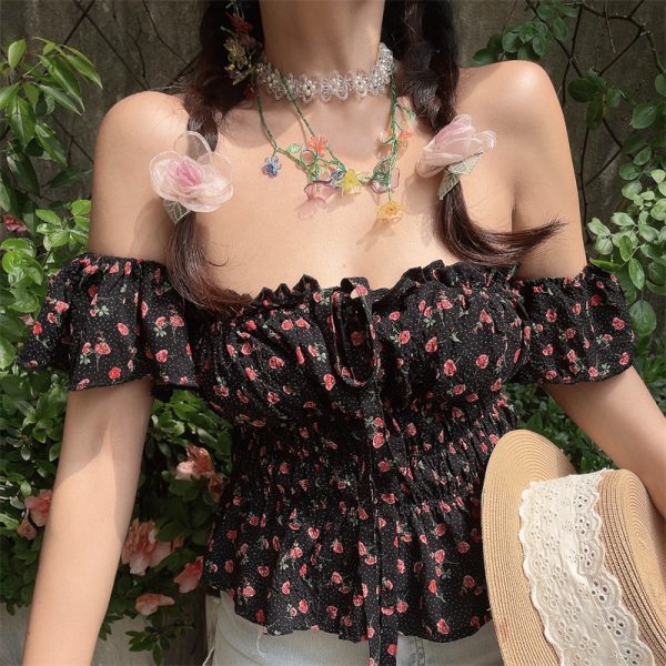 Vintage Floral Square Neck Flutter Sleeve Drawstring Blouse - Slimming Vacation Top in French Style