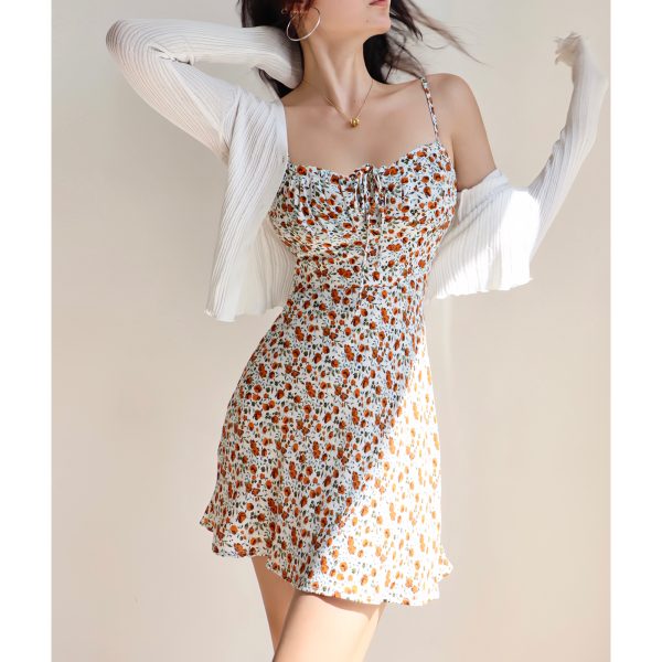 Vintage Floral Tie Cami Dress for Women - Slim Fit Waist-Defining Mini Dress - Perfect for Vacation, 90s Inspired Fashion