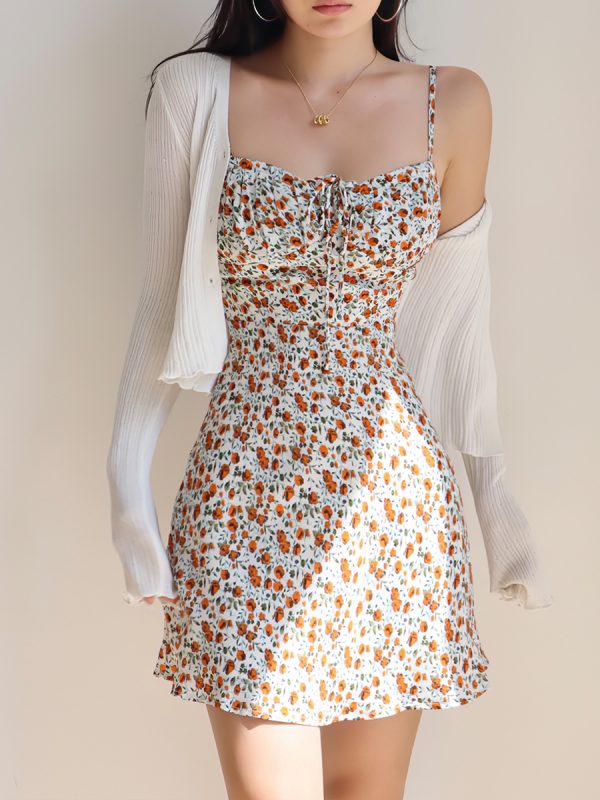 Vintage Floral Tie Cami Dress for Women - Slim Fit Waist-Defining Mini Dress - Perfect for Vacation, 90s Inspired Fashion