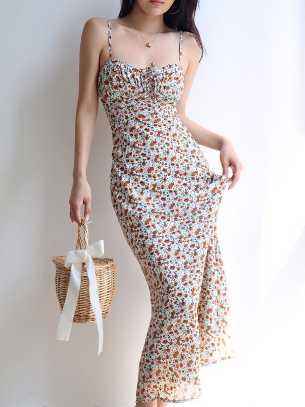 Vintage Floral Tie Cami Dress for Women - Slim Fit Waist-Defining Mini Dress - Perfect for Vacation, 90s Inspired Fashion