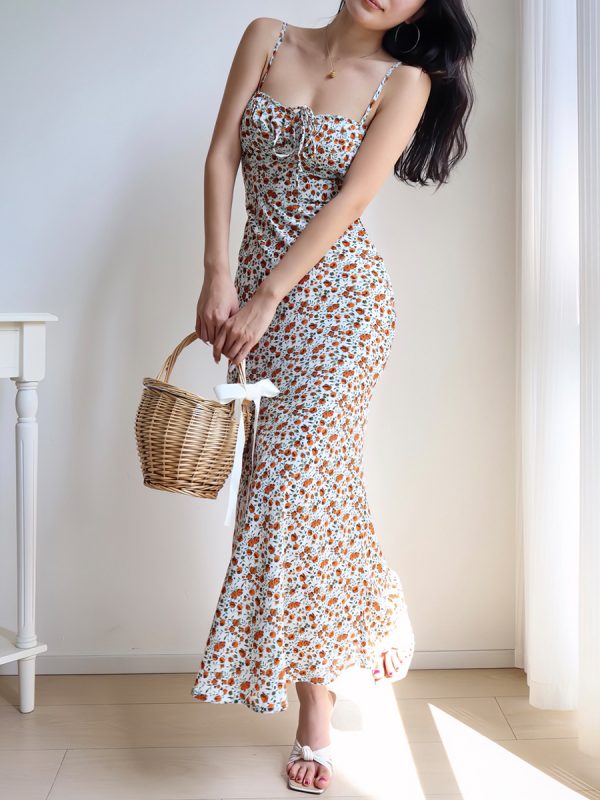 Vintage Floral Tie Cami Dress for Women - Slim Fit Waist-Defining Mini Dress - Perfect for Vacation, 90s Inspired Fashion