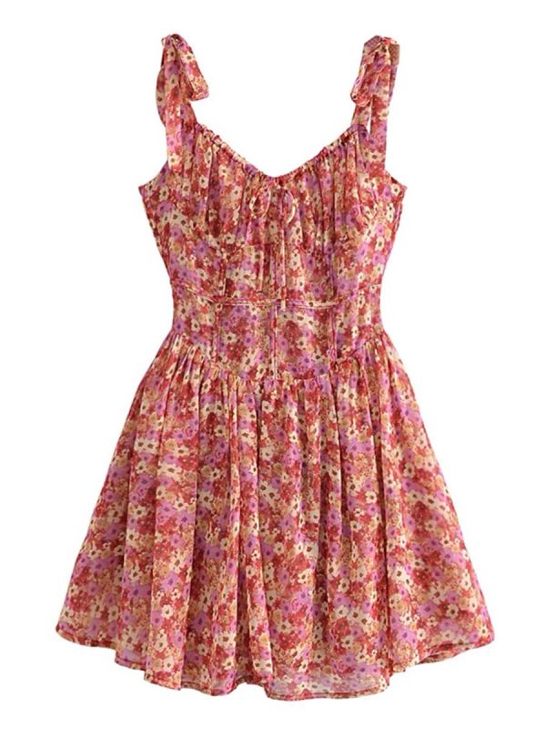 Vintage Floral Waist-Cinched Cami Dress with Square Neck - Spring/Summer 2025 Vacation Style, Y2K Inspired Fashion