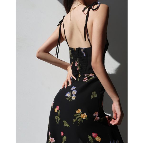 Vintage French Black Printed High-Waisted Camisole Dress with Side Slit and Tie-Up Detail - Sexy Slimming Long Dress for Women