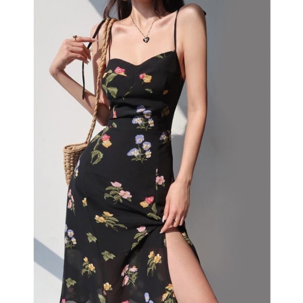 Vintage French Black Printed High-Waisted Camisole Dress with Side Slit and Tie-Up Detail - Sexy Slimming Long Dress for Women