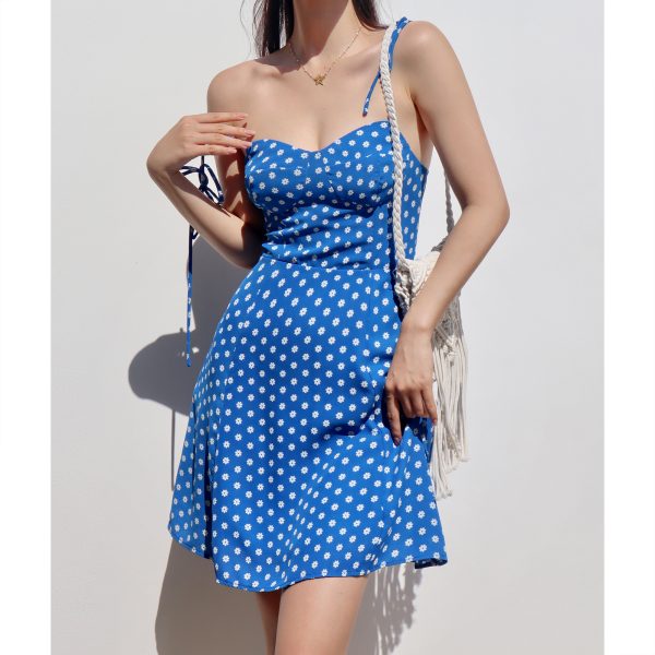 Vintage French Blue Lace-Up Camisole Dress with High-Waisted Short Skirt - A-Line Vacation Style Perfect for Summer Outings