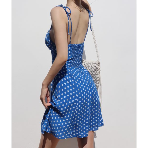 Vintage French Blue Lace-Up Camisole Dress with High-Waisted Short Skirt - A-Line Vacation Style Perfect for Summer Outings