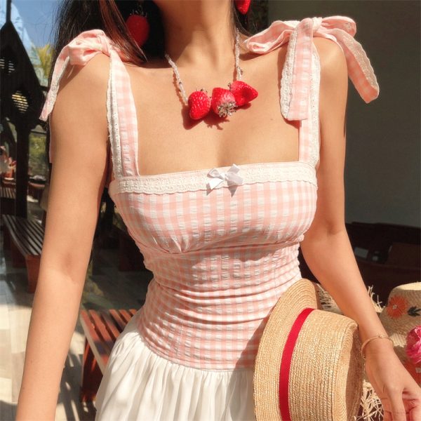 Vintage French Checkered Camisole for Women - Handmade Flat Collar with Lace Bow Tie - Spring/Summer Vacation Style