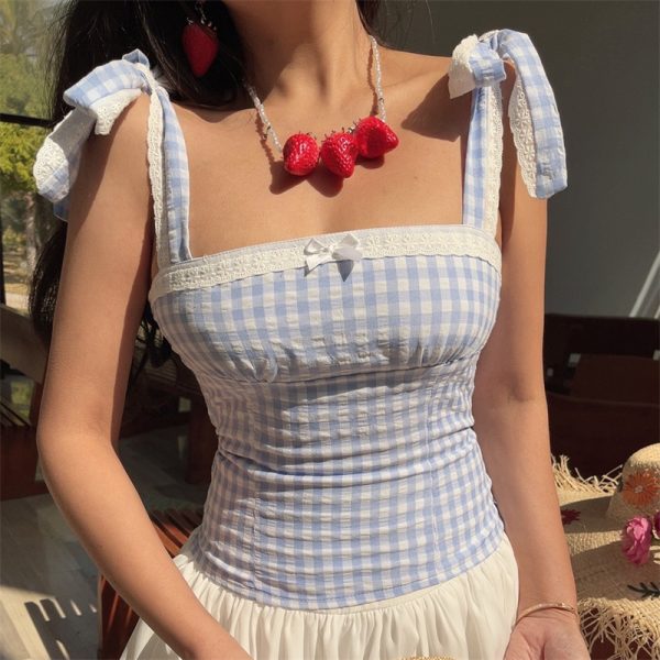 Vintage French Checkered Camisole for Women - Handmade Flat Collar with Lace Bow Tie - Spring/Summer Vacation Style