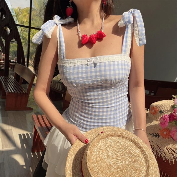 Vintage French Checkered Camisole for Women - Handmade Flat Collar with Lace Bow Tie - Spring/Summer Vacation Style
