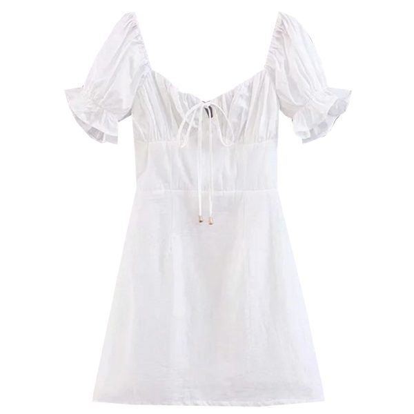 Vintage French Court Style White Dress with Puff Sleeves, Square Neck, One-Shoulder Tie, Waist-Cinched, Open Back, Short Skirt for Vacation