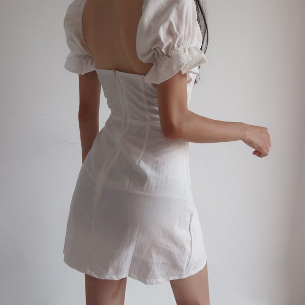 Vintage French Court Style White Dress with Puff Sleeves, Square Neck, One-Shoulder Tie, Waist-Cinched, Open Back, Short Skirt for Vacation