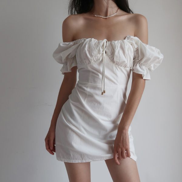 Vintage French Court Style White Dress with Puff Sleeves, Square Neck, One-Shoulder Tie, Waist-Cinched, Open Back, Short Skirt for Vacation