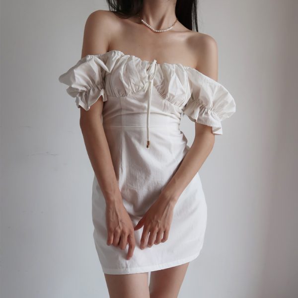 Vintage French Court Style White Dress with Puff Sleeves, Square Neck, One-Shoulder Tie, Waist-Cinched, Open Back, Short Skirt for Vacation