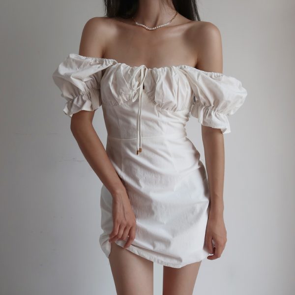 Vintage French Court Style White Dress with Puff Sleeves, Square Neck, One-Shoulder Tie, Waist-Cinched, Open Back, Short Skirt for Vacation