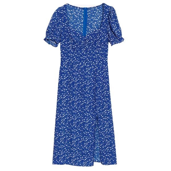 Vintage French Floral Cottage Dress with Square Neck, Pleated Design, Puff Sleeves, and Side Slit - Perfect for Y2K and 90s Style