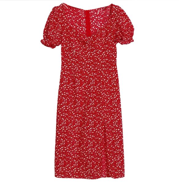 Vintage French Floral Cottage Dress with Square Neck, Pleated Design, Puff Sleeves, and Side Slit - Perfect for Y2K and 90s Style