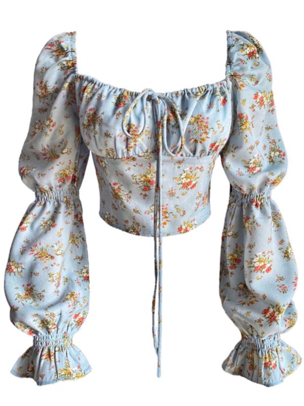 Vintage French Floral Puff Sleeve Shirt with Square Neck - Stylish Autumn Waist-Baring Top for Vacation - Y2K Inspired