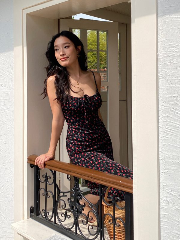 Vintage French Floral Spaghetti Strap Dress - Slim Elegant Long Dress with Waist-Cinching Design, Perfect for Y2K and Summer Styles