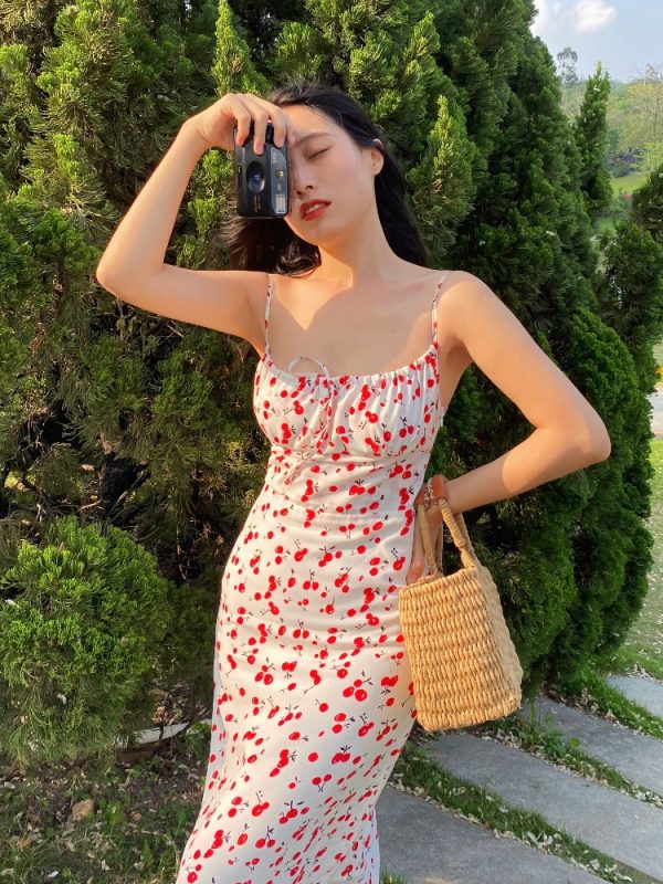 Vintage French Floral Spaghetti Strap Dress - Slim Elegant Long Dress with Waist-Cinching Design, Perfect for Y2K and Summer Styles