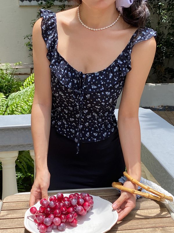 Vintage French Floral Tank Top for Women - Slim-Fit, Ruffled Design, Waist-Cinching, Y2K Style