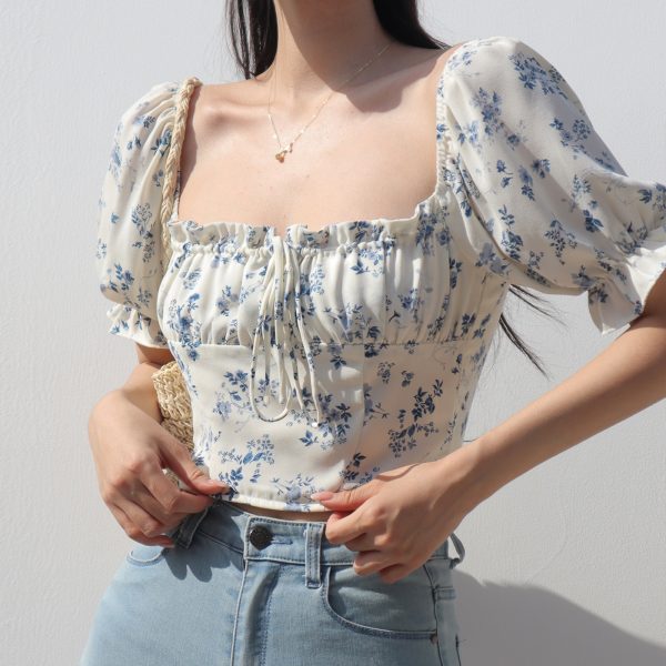 Vintage French Floral Tie Bow One-Shoulder Puff Sleeve Short Shirt for Women - Slim Fit Square Neck Y2K Style
