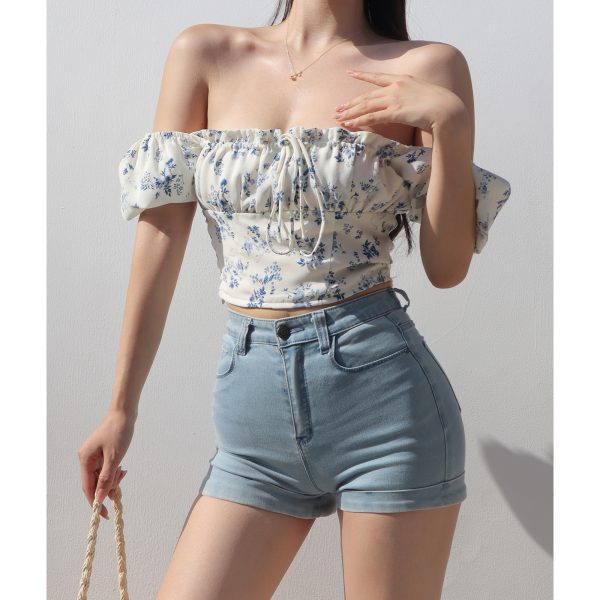 Vintage French Floral Tie Bow One-Shoulder Puff Sleeve Short Shirt for Women - Slim Fit Square Neck Y2K Style