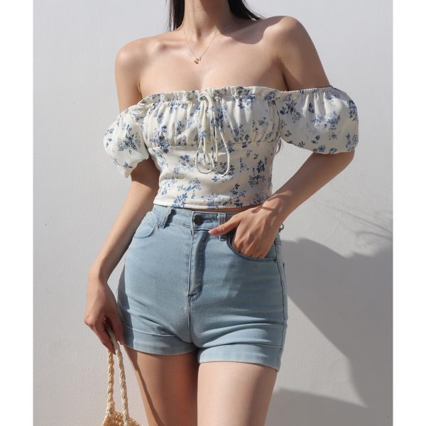 Vintage French Floral Tie Bow One-Shoulder Puff Sleeve Short Shirt for Women - Slim Fit Square Neck Y2K Style