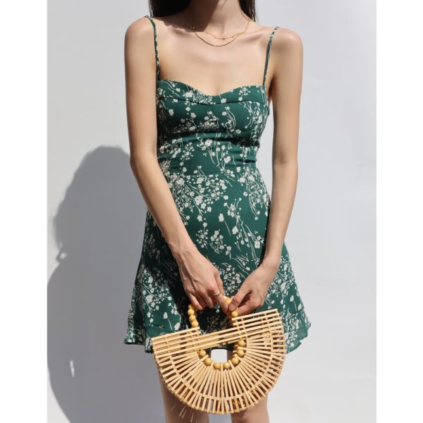 Vintage French Floral V-Neck Dress in Green with Thin Straps, Fitted Ruffled Hem, Short Design - Perfect for Summer and 90s Style