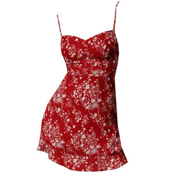 Vintage French Floral V-Neck Dress with Ruffles - Red Spaghetti Strap Slimming Vacation Short Dress for Summer Style