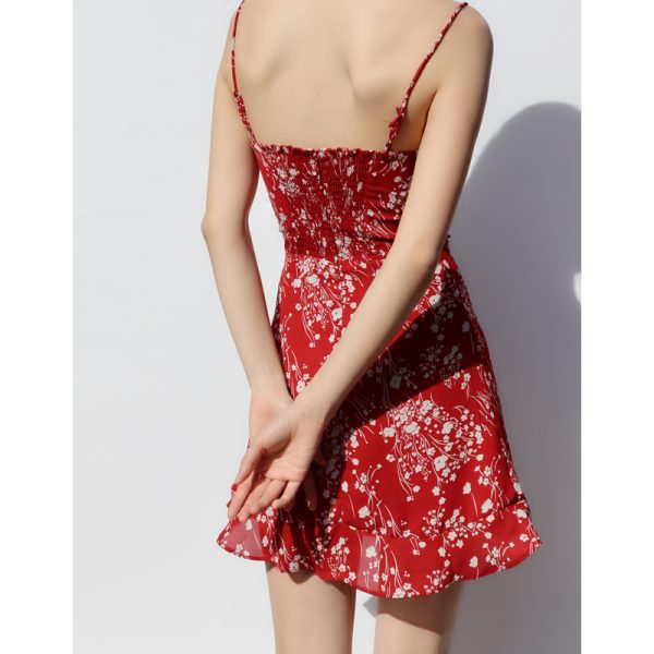 Vintage French Floral V-Neck Dress with Ruffles - Red Spaghetti Strap Slimming Vacation Short Dress for Summer Style