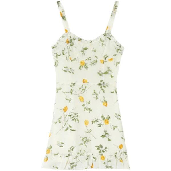 Vintage French Fresh Girl Summer Lemon Slim-Fit Tie-Waist Short Vacation Dress
