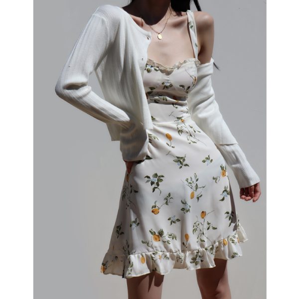 Vintage French Fresh Girl Summer Lemon Slim-Fit Tie-Waist Short Vacation Dress