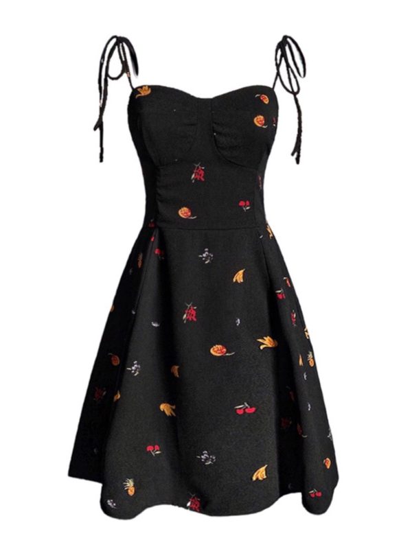 Vintage French Fruit Print A-Line Slip Dress - Waist-Cinching Short Skirt for Spring/Summer 2025 - Chic 90s Inspired Style