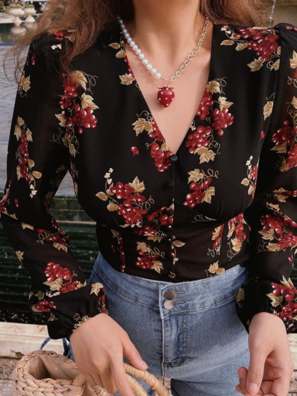 Vintage French Grape Print V-Neck Puff Sleeve Oversized Slimming Shirt Top - DIY 90s Inspired Fashion