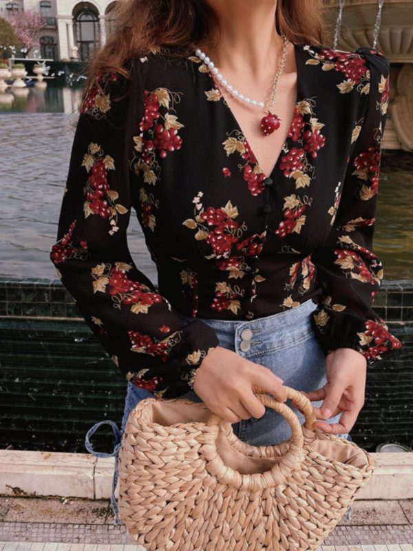 Vintage French Grape Print V-Neck Puff Sleeve Oversized Slimming Shirt Top - DIY 90s Inspired Fashion