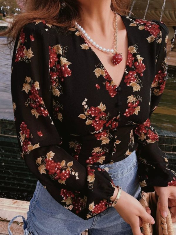 Vintage French Grape Print V-Neck Puff Sleeve Oversized Slimming Shirt Top - DIY 90s Inspired Fashion