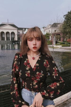 Vintage French Grape Print V-Neck Puff Sleeve Oversized Slimming Shirt Top - DIY 90s Inspired Fashion