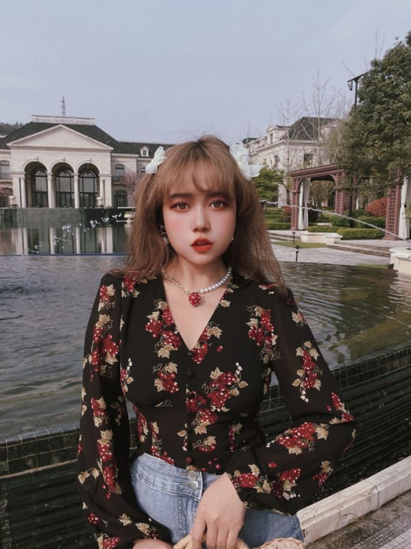 Vintage French Grape Print V-Neck Puff Sleeve Oversized Slimming Shirt Top - DIY 90s Inspired Fashion