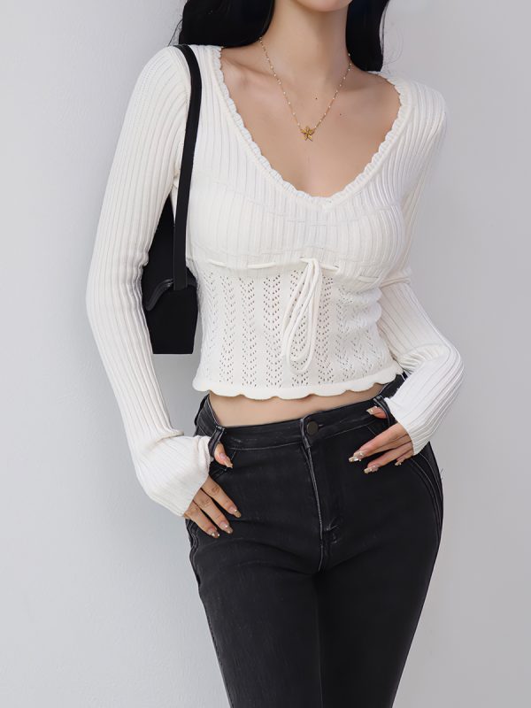 Vintage French Hollow Square Neck Long Sleeve Knitted Sweater with Drawstring Waist - Versatile Slimming Pullover Outerwear for Girls