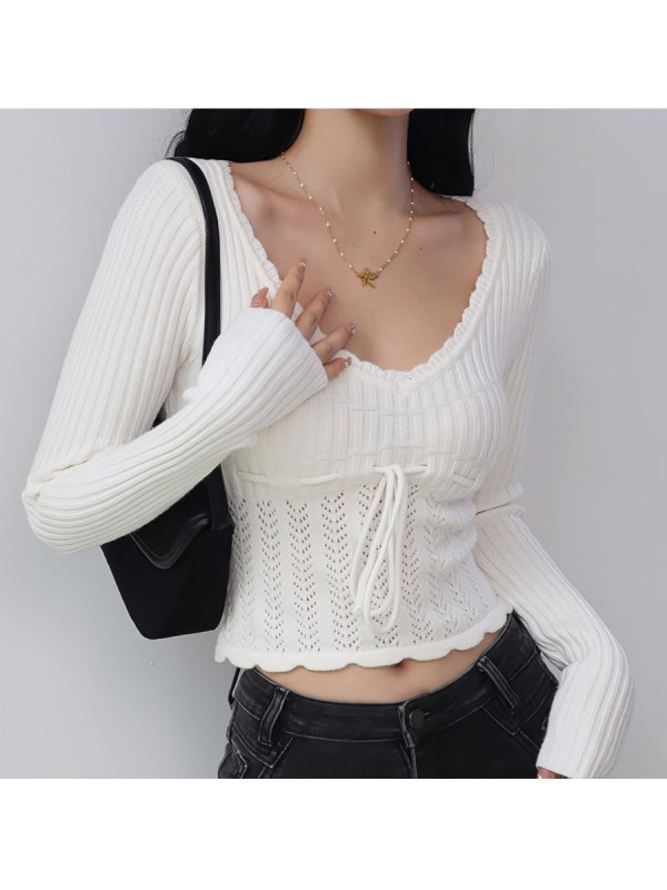 Vintage French Hollow Square Neck Long Sleeve Knitted Sweater with Drawstring Waist - Versatile Slimming Pullover Outerwear for Girls